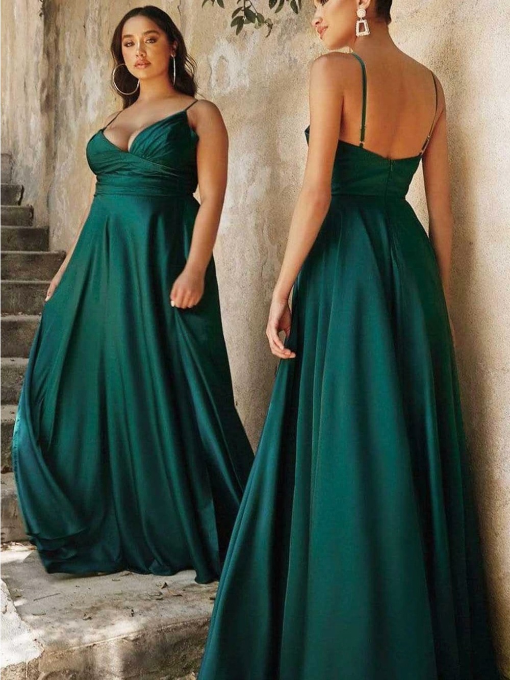 Cinderella divine Emerald Green Satin V-Neck Spaghetti Strap Maxi Dress size 16